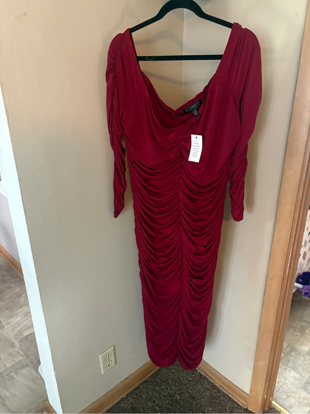 Eloquii Deep Red Long Sleeve Ruched Maxi Dress